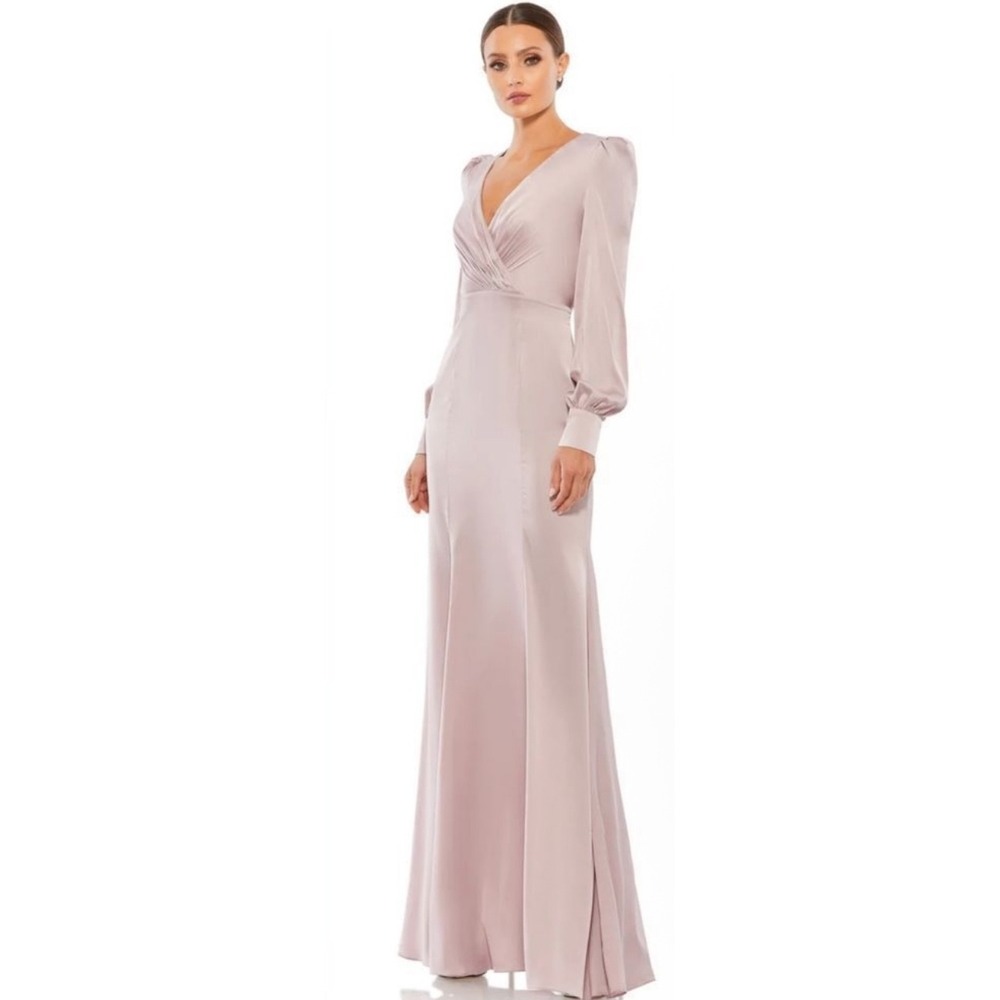 NWT Mac Duggal 55635 Satin Ruched‎ Bishop Sleeve Gown Rose Pink Sz 16 $398
